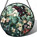 Stained Glass Window Hanging - Teal Sleeping Mermaid Suncatcher for Door Terrace Garden Home Decor, Sea of Flowers Sun Catcher Birthday Gifts for Lovers Women Men Dad Mom Nana 6.3 in