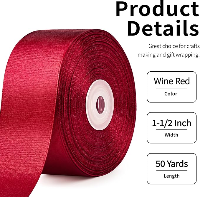 1-1/2 Inch Wide Wine Red Satin Ribbon, 50 Yards Solid Polyester Fabric Ribbon for Roses Making, Gift Wrapping, Valentine's Day, Wedding Decorations, Crafts, Bows