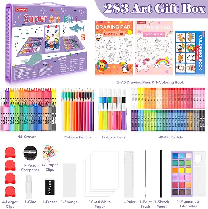 Soucolor Art Supplies, 283 Pieces Drawing Set Art Kits with Trifold Art Easel, 2 Drawing Pads, 1 Coloring Book, Crayons, Pastels, Arts and Crafts Gifts Case (Purple)