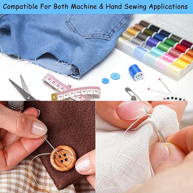 YEQIN Polyester Sewing Thread Set - 30 Assorted Colors, 50 Yards per Mini Thread Spool, Sewing Kit Includes 5 Large Eye Hand Needles, 2 Needle Threader, 1 Thimble, Suitable for Hand and Machine Sewing