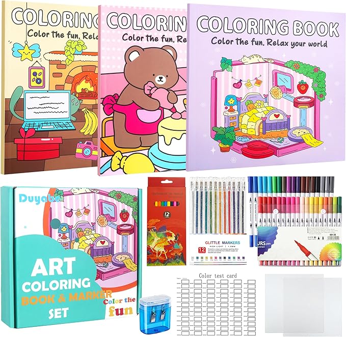 Cute Coloring Book Set for Teens Adults Relaxation, Easy and Simple Designs Coloring Book for Teens Girls, Stress Relief Gifts for Women with 36 Colors Markers & 12 Glitter Pens & 12 Colored Pencils