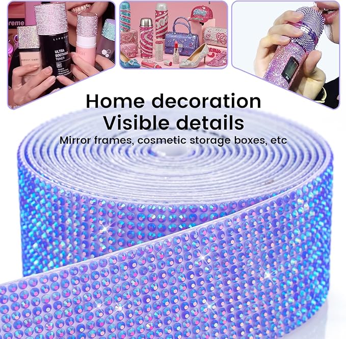 Novani Self Adhesive Rhinestone Ribbon, 1.18 Inch Wide 3 Yards 1 Roll, Deep Purple AB Crystal Diamond Bling Strips for DIY Crafts, Glitter Resin Rhinestones for Crafting, Car Decoration
