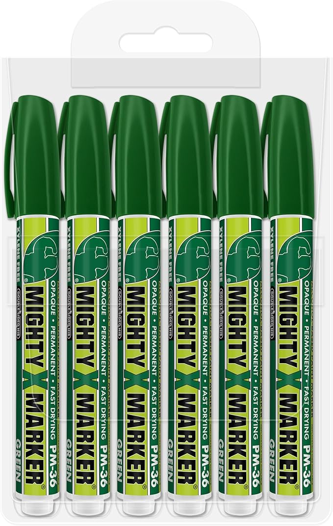 PM-36 Paint Marker, 2.3mm Bullet Tip, Permanent & Waterproof, DIY Crafts, Drawing, Glass, Ceramic, Stone, 6 Bonus Reversible Tips, Made in USA, Green 6 Pack