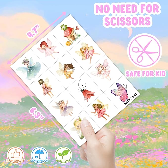 96PCS Fairy Temporary Tattoos Pre-Cut for Kids, Woodland Fairy Theme Birthday Party Favors Supplies, Cute Magical Stickers for Girls, Party Decorations, Classroom Gifts, Prizes and Rewards (Normal)