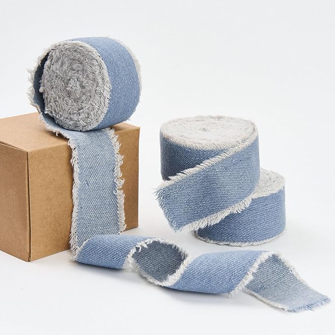Light Blue Denim Ribbon for Crafts Handmade Rustic Frayed Cotton Jean Fabric Ribbon for Flower Bouquet 15 Yards 1 1/2 Inch Cloth Ribbons for Gift Wrapping Hair Sewing Accessories Holiday Decor
