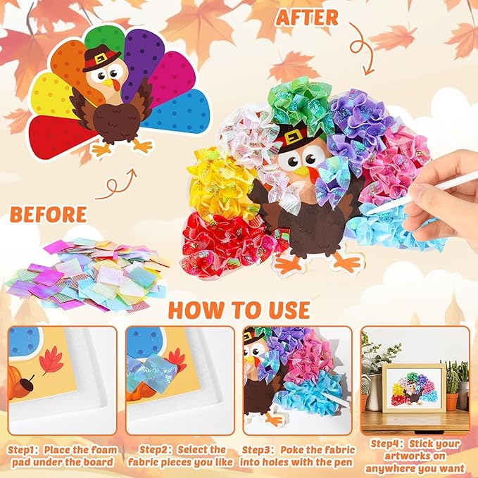 8PCS Poke-in Craft Art Kit Fall Thanksgiving No-Mess Fabric Sewing Puzzle Puncture Painting DIY Turkey Pumpkin Fall Harvest Toy Gift Creative Activity Game Birthday Party