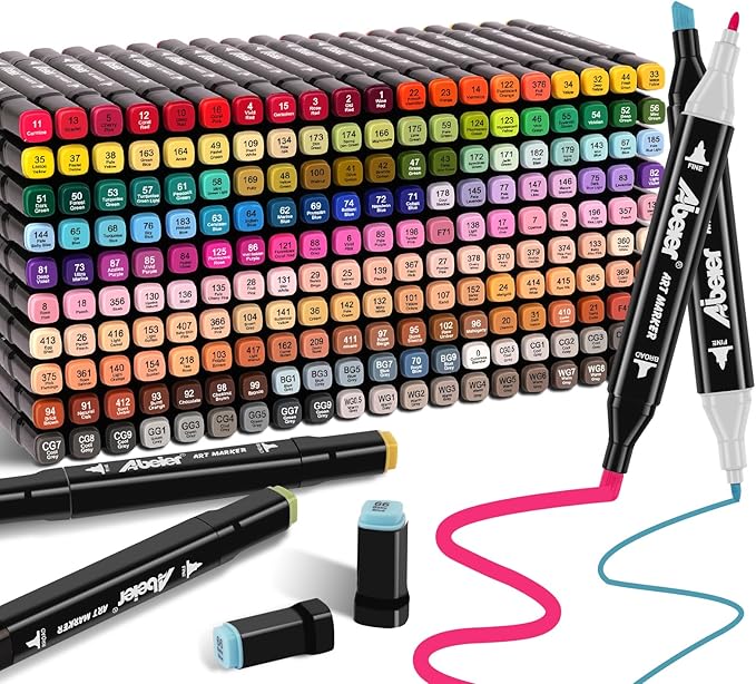 ABEIER 204 Alcohol Markers Set, Dual Tips Blender Art Markers for Drawing, Permanent Sketch Marker for adult coloring, Alcohol Based, Adults Coloring and Artist Illustration.