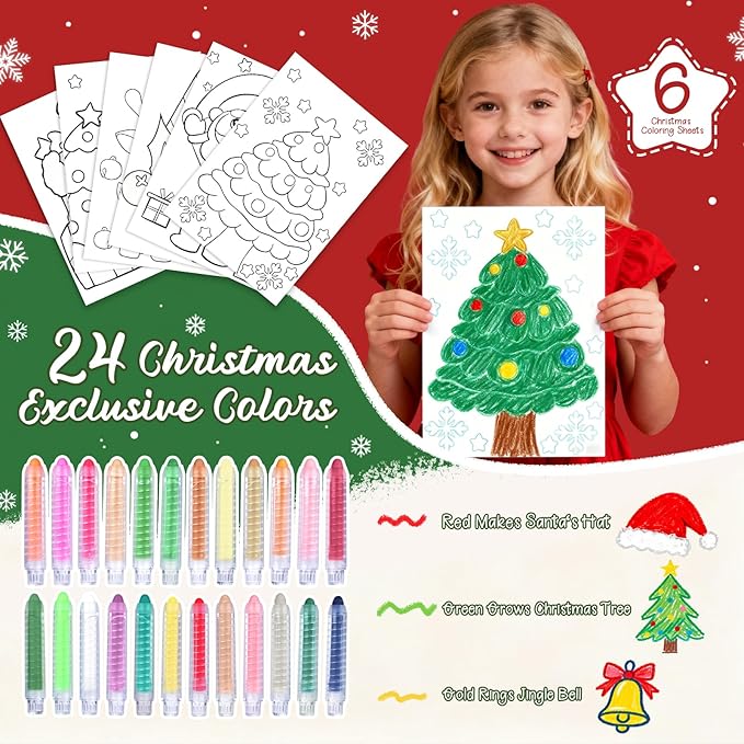 NewFamily Christmas Chalk Set for Kids(24 Pcs) – Washable Non-Toxic Colored Chalk with Coloring Sheets, for Chalkboard Blackboard Art, Creative Holiday Gift for Kids