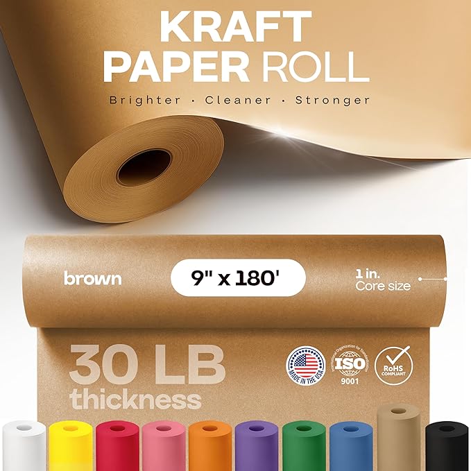 Brown Paper Roll 9" x 2160" (180 feet) - USA-Made Kraft Paper 30lb Thickness - Ideal for Wrapping, Packing, Moving, Shipping, and Arts & Crafts - 100% Recycled Natural Material by IDL Packaging