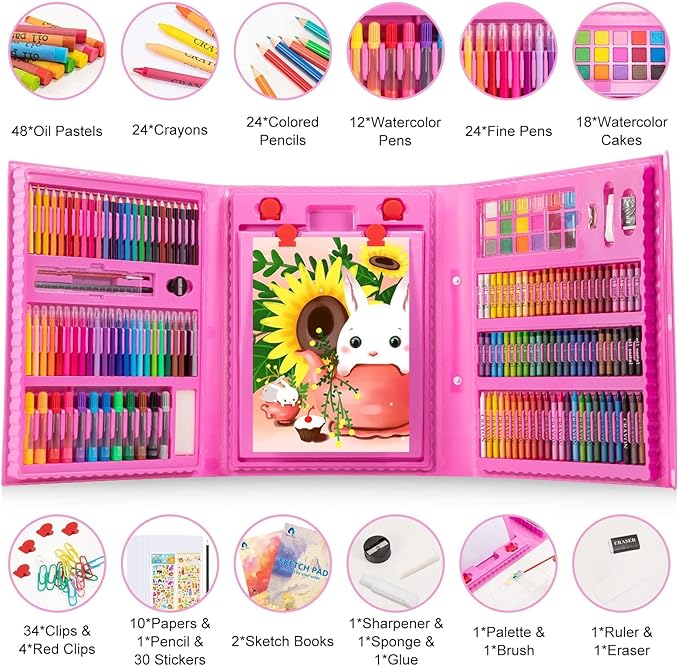 VigorFun Art Supplies, 240-Piece Drawing Art Kit, Gifts for Kids Girls Boys Teens, Art Set Crafts Case with Double Sided Trifold Easel, Includes Sketch Pads, Crayons, Colored Pencils (Pink)