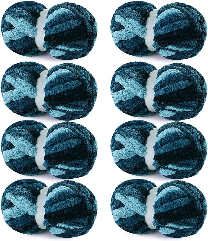 HOMBYS Blue Multi Chunky Chenille Yarn for Hand Knitting,Fluffy Soft Jumbo Yarn Crocheting,Super Bulky Big Yarn for Chunky Blanket,Large Thick Arm Knitting Yarn,8 Pack Plush Yarn