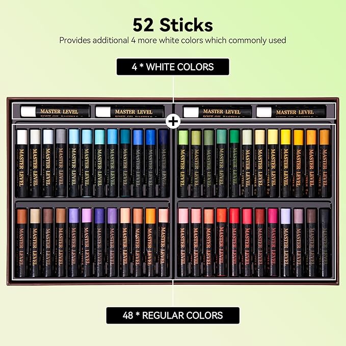 LIGHTWISH Professional Oil Pastels, 48 Vibrant Colors Plus 4 White, Set of 52, Creamy and Pigmented Artist Soft Oil Pastels for Blending, Layering & Shading