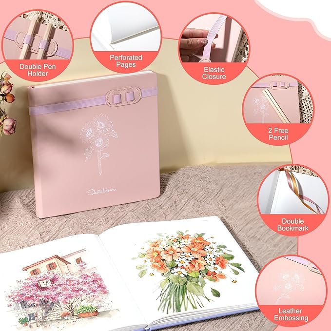 Yoment Hardcover Sketch Book, Sketchbook for Drawing with 2 Pencils, 150GSM Thick Paper, Square Art Sketch Book Drawing Paper Book 160 Pages Sketch Pad Journal for Women Adults,Gift Boxed, Pink