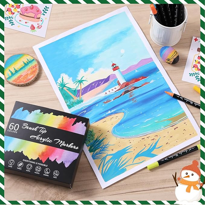 60 Colors Acrylic Paint Markers - Waterproof Dual Tip Acrylic Paint Pens with Brush & Fine Tip Professional Marker Set Scrapbook Markers for Paper Rock Wood Fabric Glass Ceramic and DIY Crafts
