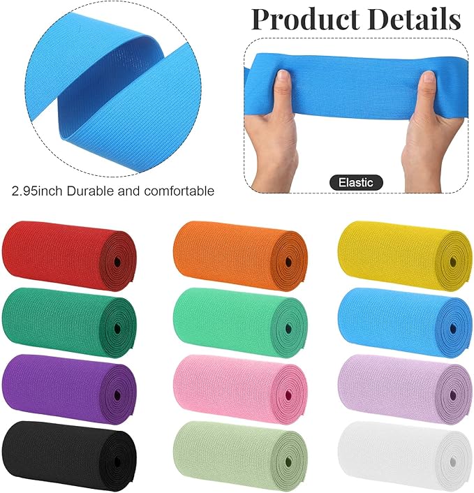 WILLBOND 12 Rolls Colorful Elastic Band Folding Elastic Cord Heavy Duty Stretch Band Knitted Flat Band for Sewing Crafts DIY Comforter Cuffs(3 Inch X 0.9 Yards,Bright Color)