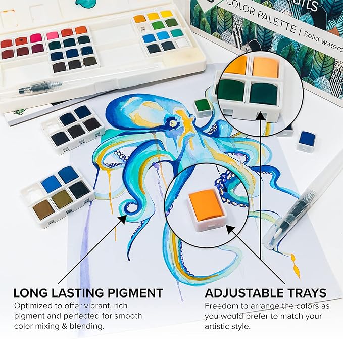 GenCrafts Watercolor Paint Palette 48 Premium Colors with Paper Pad - 2 Refillable Brush Pens - 15 Sheets of Water Color Paper