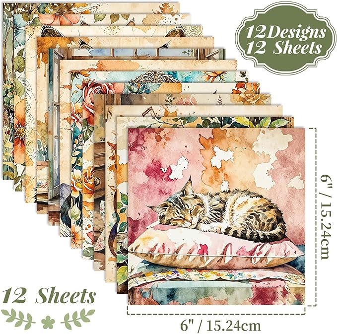 12 Sheets Vintage Cottagecore Watercolor Cat Scrapbook Paper Pack 6" x 6" – Floral Aesthetic Decoupage Craft Paper for Junk Journals, Card Making, Collage, DIY Art Supplies