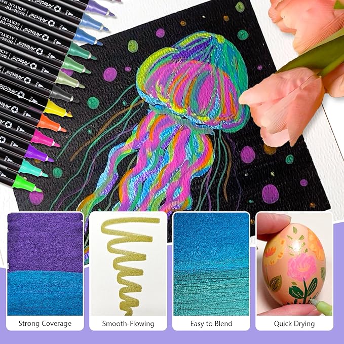 Artecho Acrylic Paint Markers 6 Fluorescent + 12 Metallic Colors, for Stone, Rock Painting, Paper, Pumpkin, Wood, Egg, Canvas, Ceramic, Fabric, leather, Glass, DIY Crafts