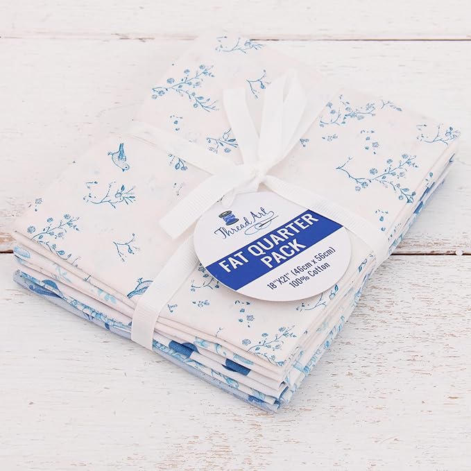 Threadart Exclusive 5 Fat Quarter Bundles - White and Blue Vintage Prints 100% Cotton Fabric - Premium 100% Cotton Quilting Fabric - No Duplicates - Full Size Fat Quarters 18"x21" - White and Blue