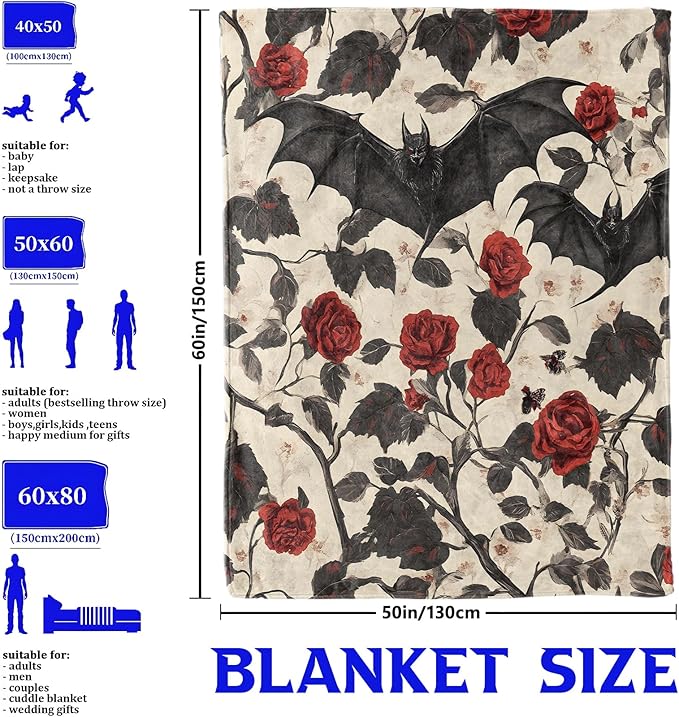 Bat and Rose Gothic Throw Blanket for Boys Girls Kids Adults Women, Fuzzy Warm Soft Cozy Flannel Blankets Gifts for Bedroom, Couch, Travel, Home Decor 40x50 in