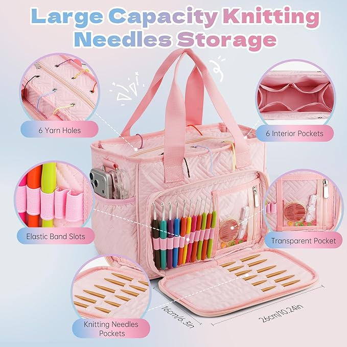 Dadanism Crochet Bag, Knitting Tote Bag, Yarn Storage Holder with Handle & Shoulder Strap, Yarn Storage Organizer for Crocheting Knitter, Crochet Hooks, Knitting Needles Kit, Sewing Supplies, Pink
