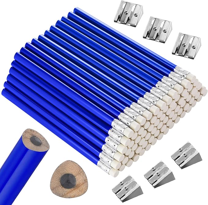 Fainne 102 Pcs Bulk Thick Jumbo Graphite Pencils Set 96 Fat Giant Large Pencils and 6 Sharpeners Enhanced Grip for Art Drafting Writing Drawing Office and Home Use(Blue,Triangle)