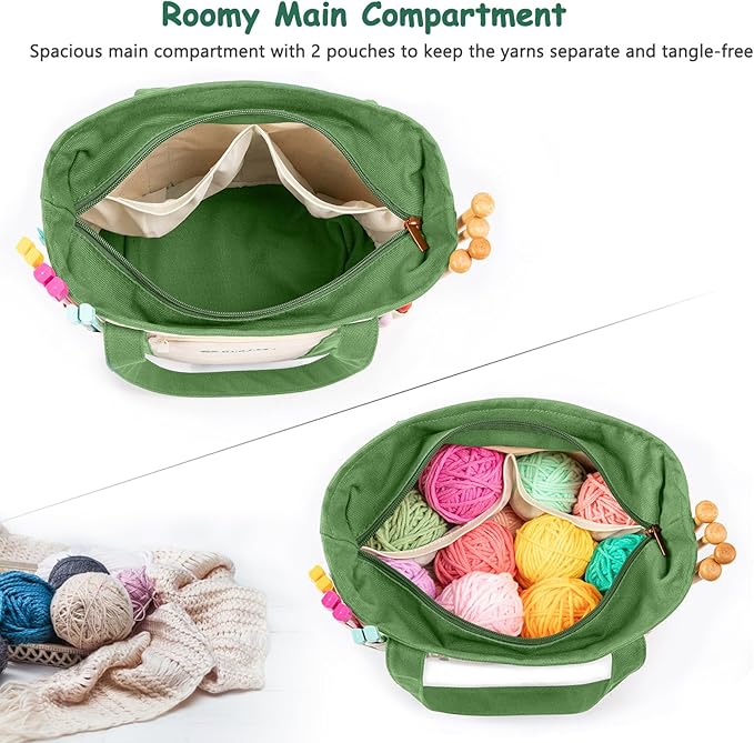 MYBAGZING Canvas Yarn Storage Organizer Bag Washable Crochet Bag with Pockets for Yarn, Hooks, Needles – Travel Knitting Tote for Crafters – Gift for Crocheters & Knitters (Medium/Large)