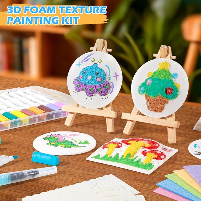 80 Pcs Magic 3D Foam Texture Painting Kit, Magic Puffy Paint Kit, Including 48 Pcs Foam Texture Paper, 24 Colors Acrylic Marker Pen, 4 Drawing Templates, 2 Water Brushes, Art Painting Kits (Blue)