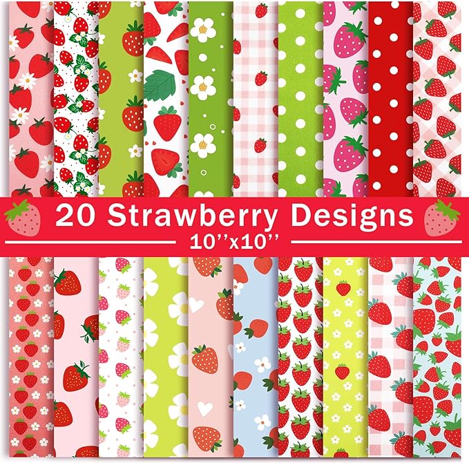 HunnmingRe 20 Pcs 10''x10'' Strawberry Quilting Fabric Square Summer Strawberry Quiltted Fabric Bundle Multicolor Precuts Printed Patchwork Supplies for Holiday DIY Sewing Craft