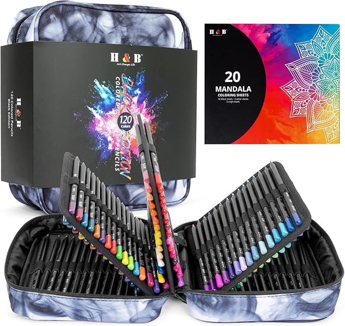 H & B 120-Color Colored Pencils Set with Mandala Coloring Sheets, Eraser, Sharpener - Soft Oil-Based CoresArt Supplies Drawing Kit for Adults, Kids, and Beginners