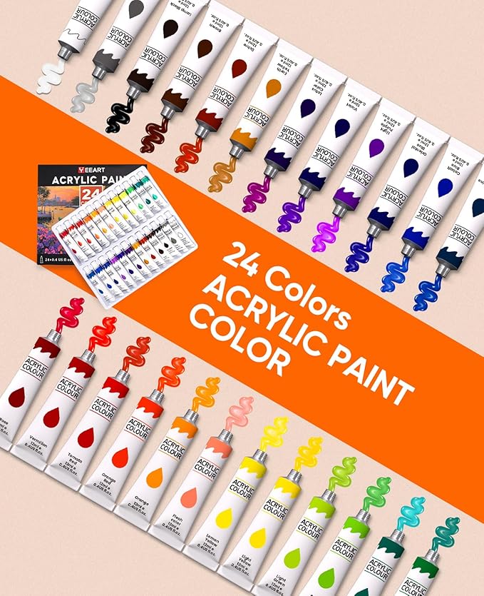 Yeeart Acrylic Paint Set, 52 Piece Professional Painting Supplies Kit with Wood Easel and Paiting Paper, 24 Colors Acrylic Paint, 2 * 10 Brushes, Premium Paint Kit