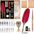Quill Pen and Ink Set,Feather Pen Ink Set Includes Quill Pen and wooden dip pen,Ink,17 Replacement Nib,Pen Base,3 Wax Seal Sticks,Stamp,White Wax, Spoon,Envelope Letter Paper,envelope tool(Red)