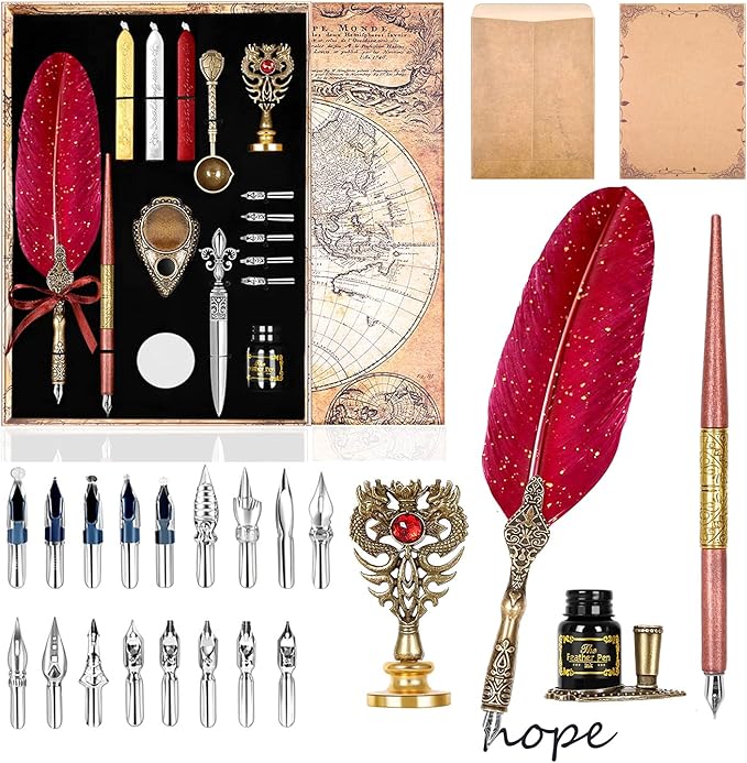 Quill Pen and Ink Set,Feather Pen Ink Set Includes Quill Pen and wooden dip pen,Ink,17 Replacement Nib,Pen Base,3 Wax Seal Sticks,Stamp,White Wax, Spoon,Envelope Letter Paper,envelope tool(Red)