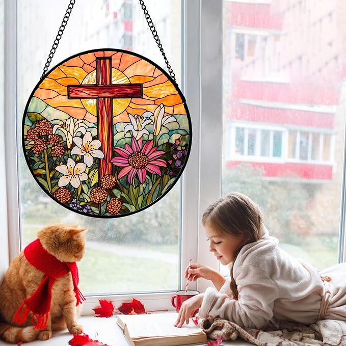 Christian Gifts for Women - Cross Stained Glass Window Hanging Easter Flower Sunset Landscape Sun Catcher Garden Religion Decor Mother's Day Catholic Gift for Men Grandma Mom Her Nana 11.8"