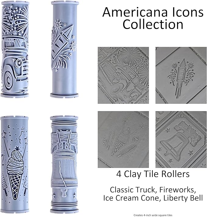 Americana Icons Collection Clay Texture Rollers 4-Pack (4") - America Set #01 - Embossing Pattern Rollers for Polymer & Ceramic Clay, Pottery & Crafts