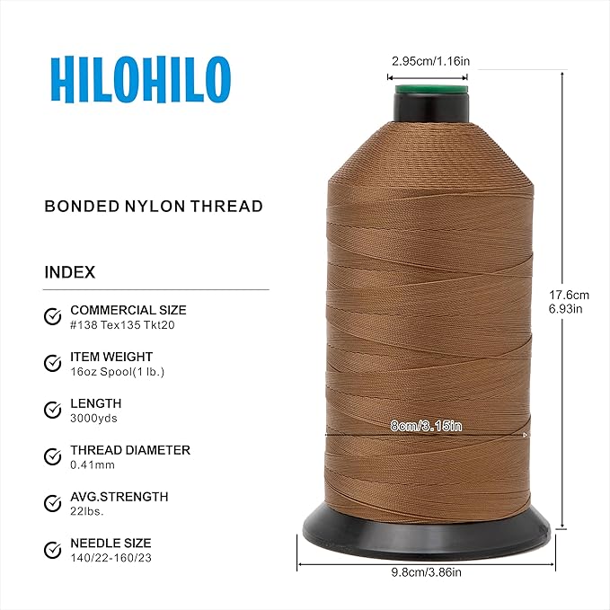 Extra Strong Bonded Nylon Thread #138 Tex135 – 16 OZ, 3000yds, Versatile Stitching Solution for Leather, Upholstery, Canvas Repair and More (Caramel)