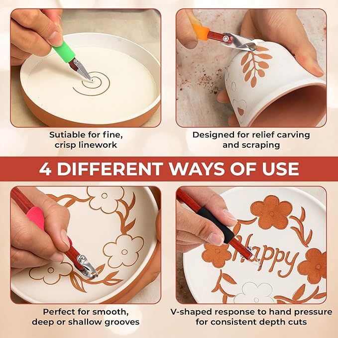 Lanties 4 Pcs Pottery Carving Tool Set Sculpture Scraper Craft Modelling Tools Red Pear Wood Texture Handle with Stainless Steel Blade for Clay Carving, Ceramic Sculpting, Graffito (Novel Color)