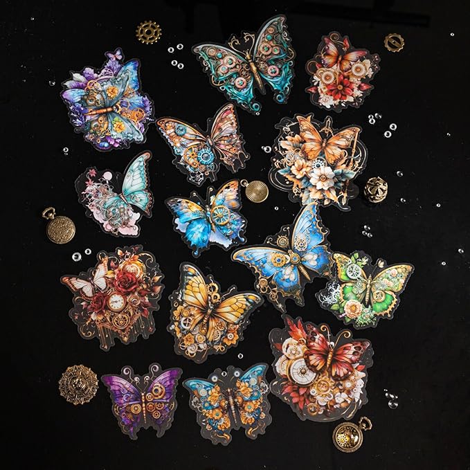 120-Piece Large Vintage Victorian Steampunk Butterfly Scrapbook Stickers – Retro Fantasy Mechanical Gear Decals for Journals, Planners,Albums Crafts, DIY Art Projects