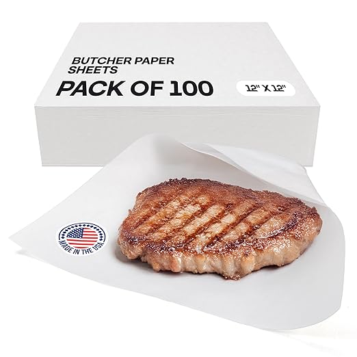 White Butcher Paper Sheets 12" x 12", Pack of 100 - USA-Made Natural Precut Butcher Paper for Smoking, Grilling & BBQ - Unwaxed, Uncoated, Untreated Food Wrapping Sheets for Cooking by IDL Packaging