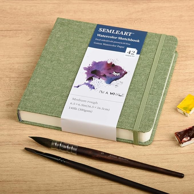 SEMLEART Hardcover Watercolor Journal,Square, 42 Pages, 6.5x6.5, 140 lb/300 GSM, Acid-Free, Cold Press, Cotton Pulp, Perfect for Artists & Travel Sketching (6.5×6.5in)