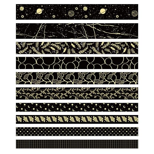 YUBX Creative Washi Tape Set 10 Rolls Gold Foil Print Decorative Masking Tapes for Arts, DIY Crafts, Journals, Planners, Scrapbook, Wrapping (Gold Dark)