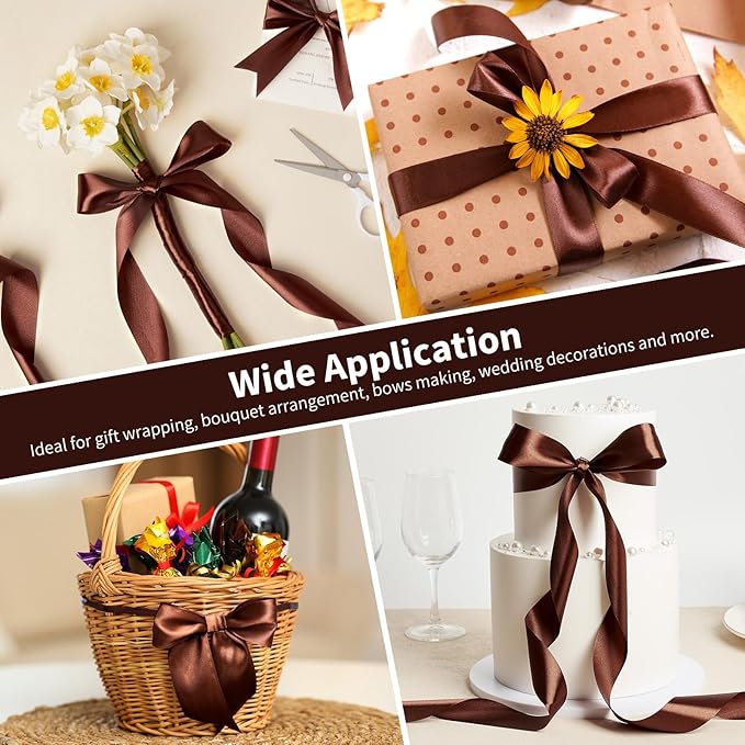 1-1/2 Inch Wide Brown Satin Ribbon, 50 Yards Solid Polyester Fabric Ribbon for Roses Making, Gift Wrapping, Valentine's Day, Wedding Decorations, Crafts, Bows