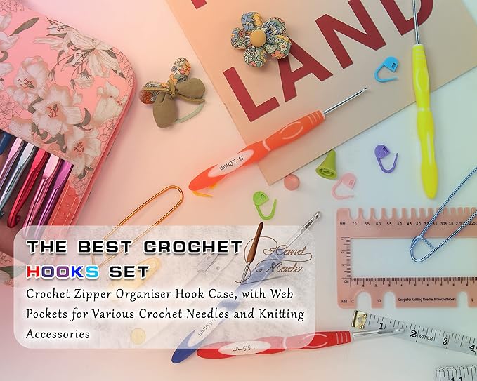 LOOEN 61Pcs Ergonomic Crochet Hooks Set, 22size (0.75mm-10mm), with Case for Arthritic Hands, Extra Long Crochet Needles, Nice Gift (Pink)