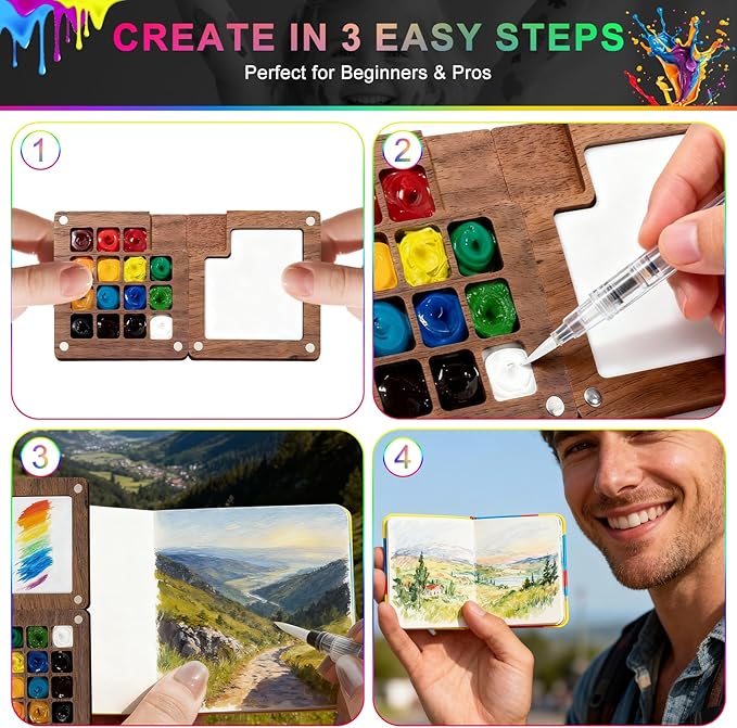 Mini Watercolor Travel Set, 12/24 Color Pocket Painting Kit with Wooden Palette, Watercolor Sketchbook & Pen, All-in-One Portable Art Supplies for Artists & Travel Journaling
