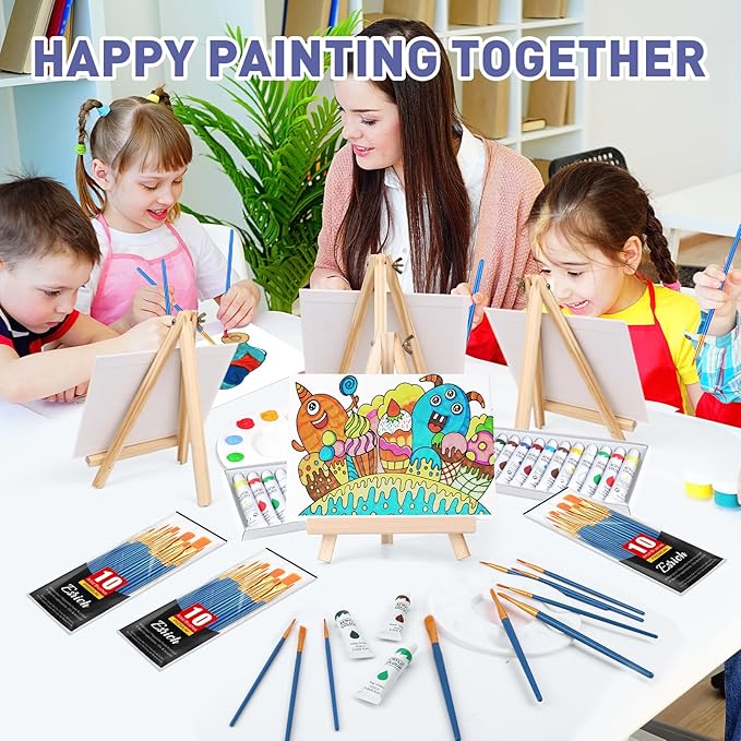 ESRICH 104PCS Acrylic Paint Canvas Set, Acrylic Painting Kit with 4 Set of 12 Colors Acrylics Paint,Paint Brushes,Canvas, Wooden Easels, Art Plates, Art Painting Supplies for Kids Adults Beginners