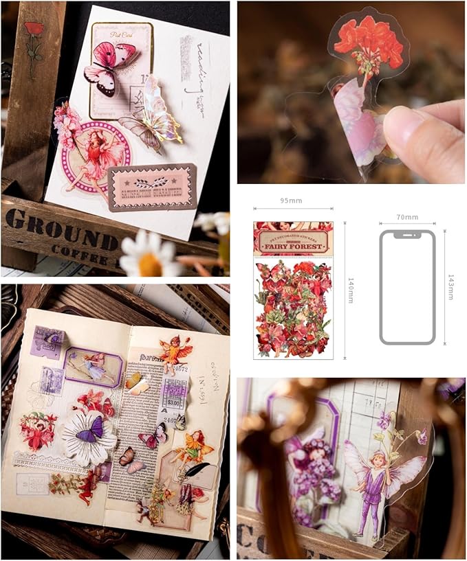 Vintage Flower Fairy Stickers 300Pcs Lot, Belebee 6 Packs Butterfly Fantasy Transparent Sticker for Scrapbooking Junk Journaling Paper Art Crafts Project Planner Album Diary Phone Cases Laptop Adult
