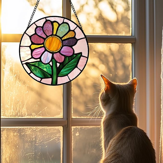 Stained Glass Window Hanging 4 Pcs Set Pink Floral Theme 7.8" - Flowers Suncatcher Door Garden Sun Catcher Decor Birthday Christmas for Mom Woman Nana Men Friend