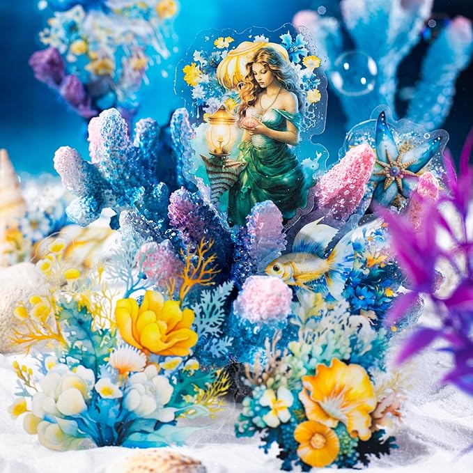 Yoksas Fantasy Sea Ocean Life Mermaid Stickers - 180Pcs Waterproof Clear Sea World Marine Animals Scrapbook Stickers for Junk Journals,Planner