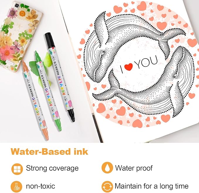 24 Colors Acrylic Paint Pens, Dual Tip Acrylic Paint Markers for Paper, Wood, Canvas, Stone, Rock Painting, Glass, Fabric, DIY, Ceramic, Art Supplies for Adults Drawing (Dot + Fine)