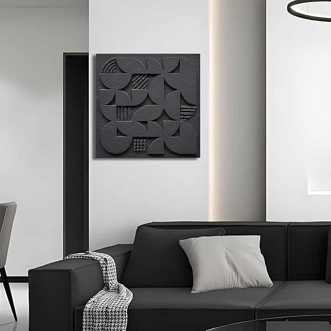 NANKAI Art Hand-Painted Black Three-Dimensional Texture Abstract Art Contemporary Minimalist Style Canvas Oil Painting. Wall Decoration for Home Office Corridor Size 24x24 inches